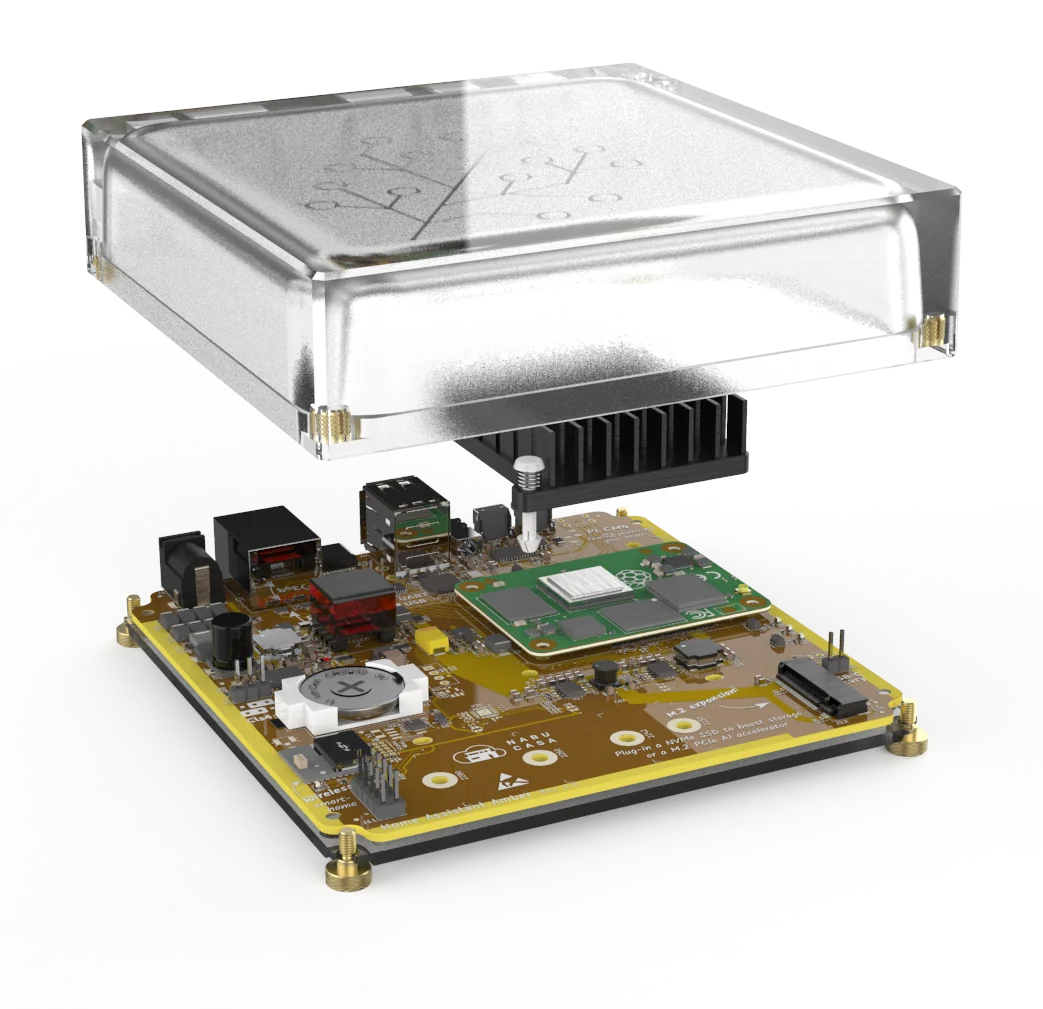 Exploded view: the clear cover lifted above the circuit board and heatsink