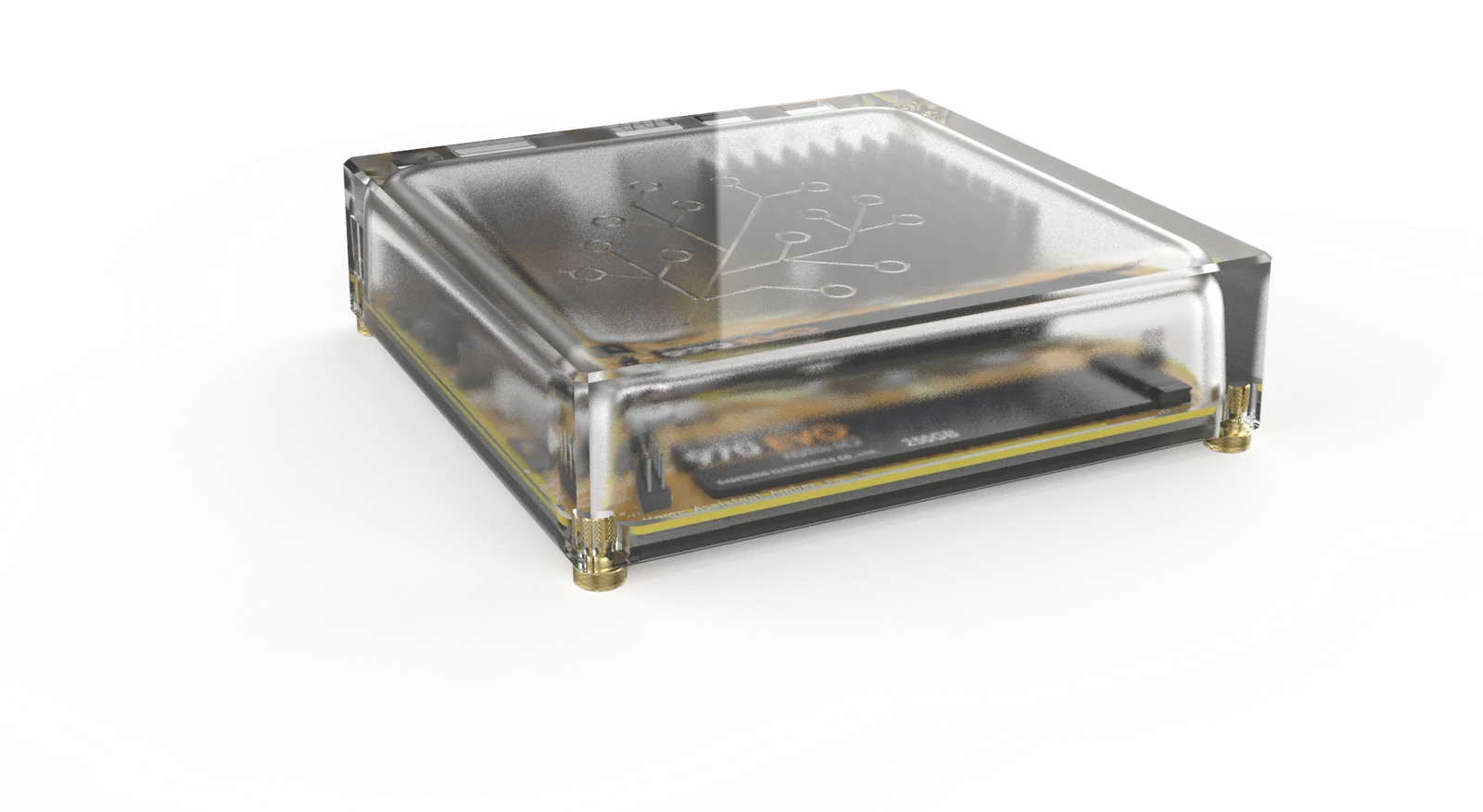 Amber, a clear polycarbonate enclosure showing the circuit board inside, product render