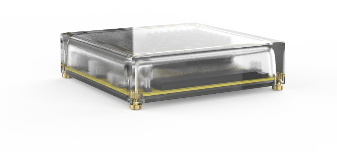 Amber enclosure, three-quarter view