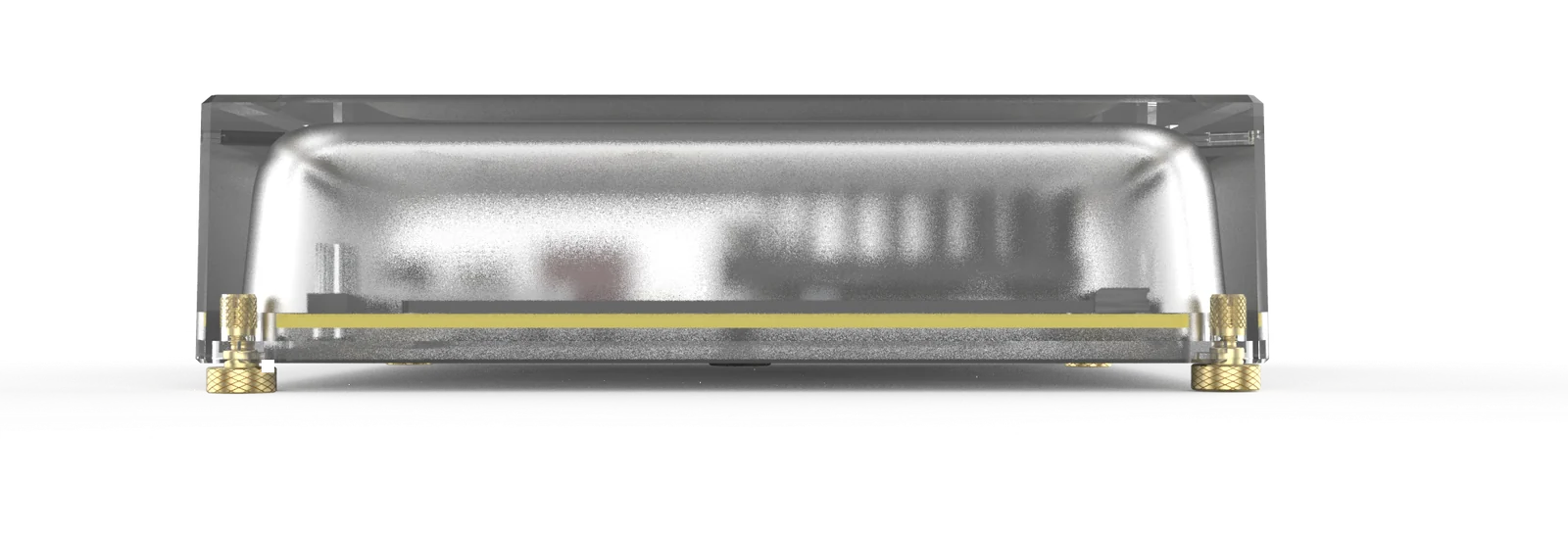 Amber enclosure, front view showing the board and brass feet through the clear shell