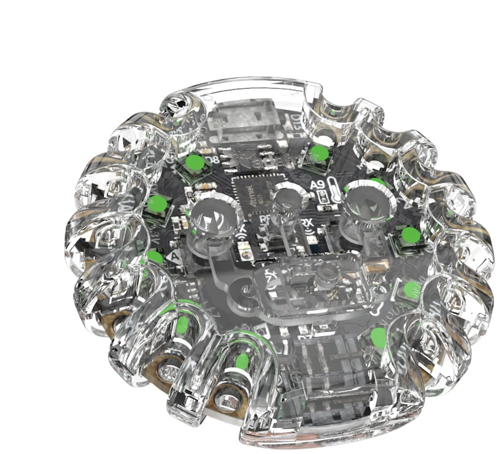 Circuit Playground board seated in its clear enclosure, angled view