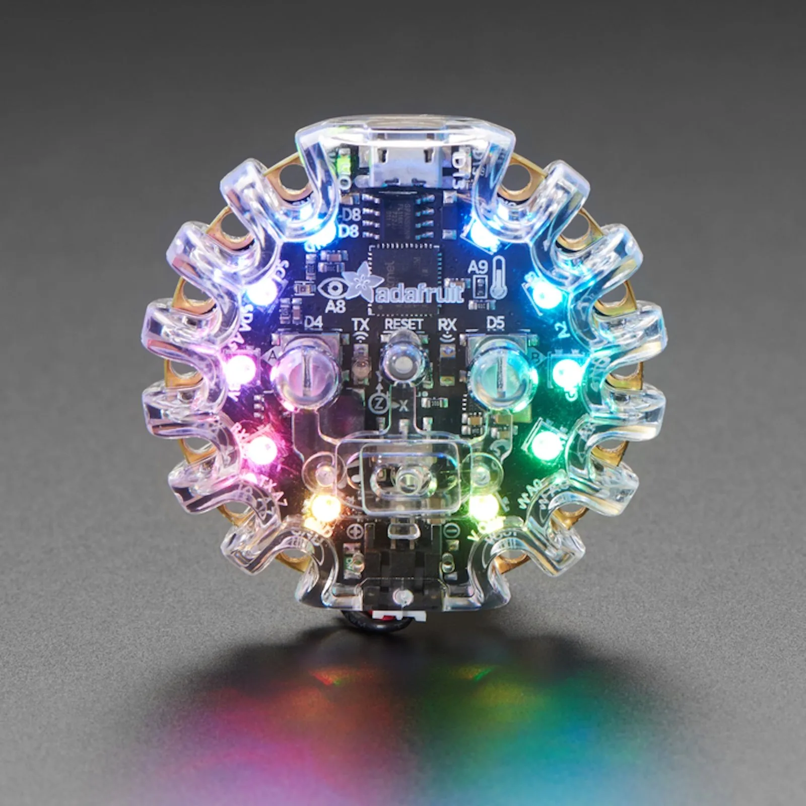 Circuit Playground board in its clear enclosure, with its ring of LEDs lit in rainbow colours