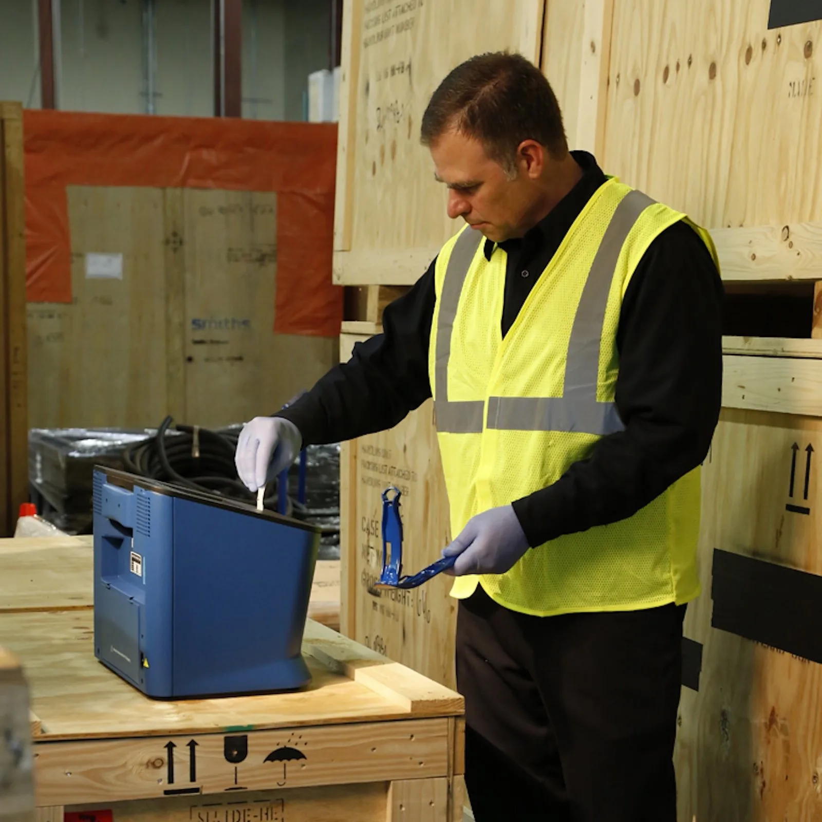 Technician sampling a shipping crate with an IONSCAN 600 on site